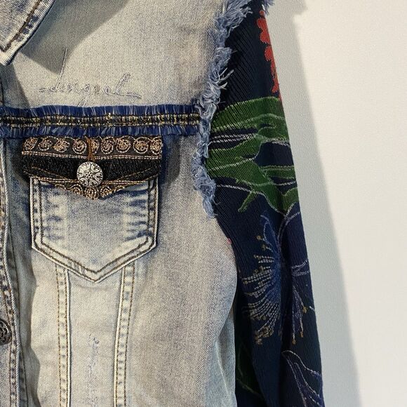 DESIGUAL Denim Jacket Womens EU 36 (US 6) Designer Artistic Knit Sleeve Boho - Picture 9 of 13